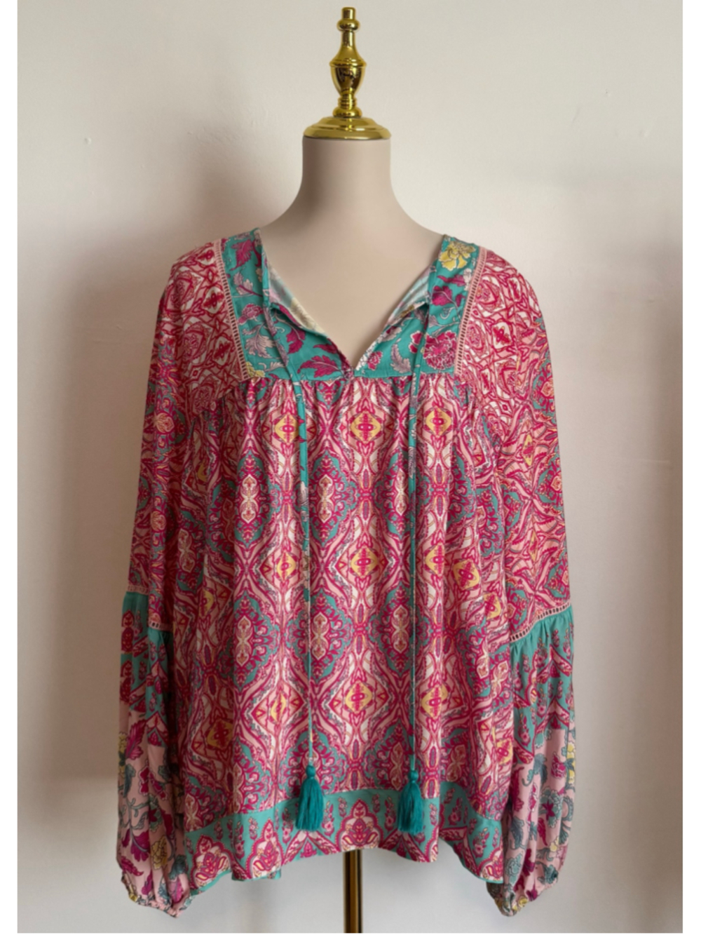 Women's Grace + Karma Paisley Blouse XL Pink Teal Boho Top
